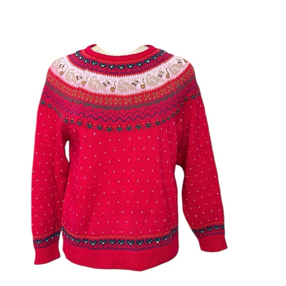 Hand Embroidered Cats Yarn Hearts Flowers Fair Isle Sweater Scalloped Re… - Picture 1 of 13
